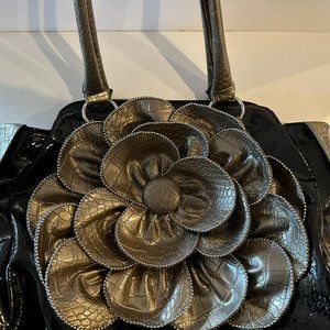 Kathy Van Zeeland Purse Black with Large Flower & Charms